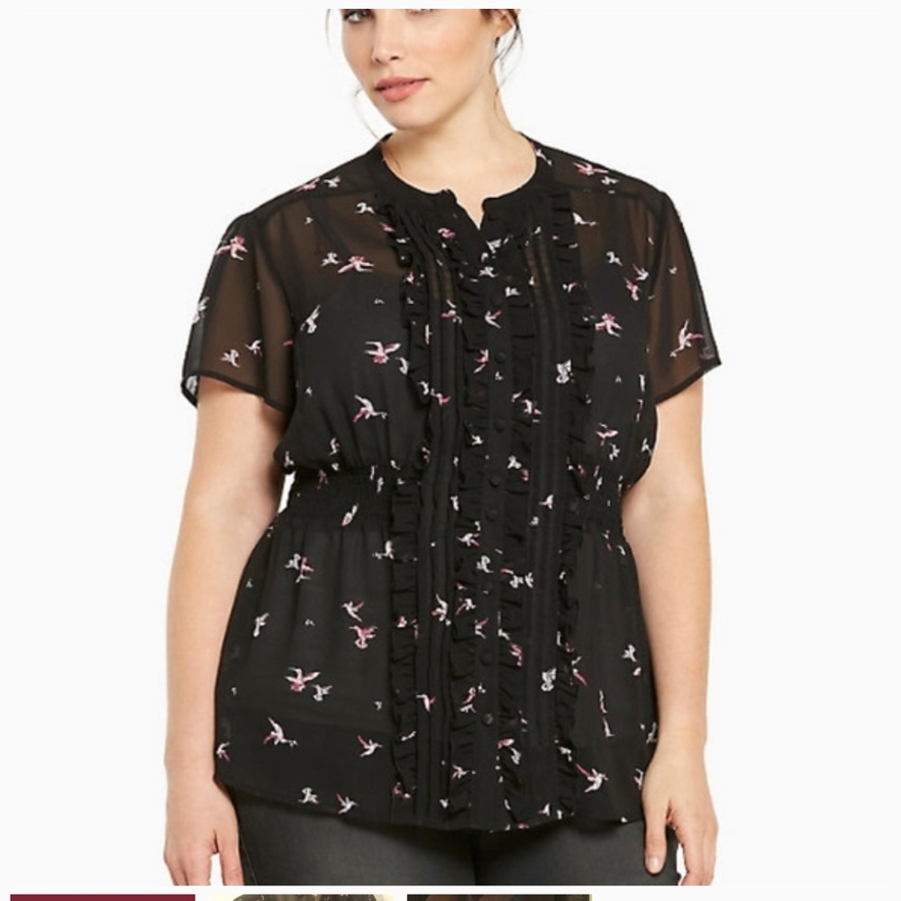 Torrid Black with pink hummingbird ruffled blouse size‎ 4